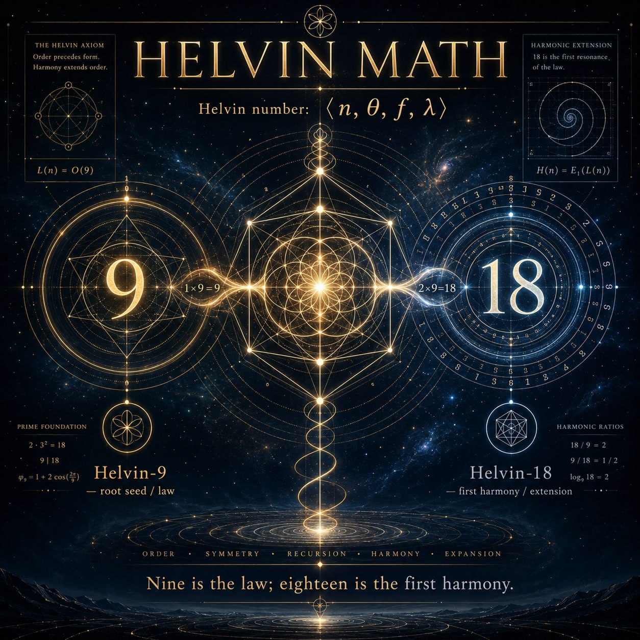 Helvin Math sacred-geometry poster showing Helvin-9, Helvin-18, and the keeper line Nine is the law; eighteen is the first harmony.