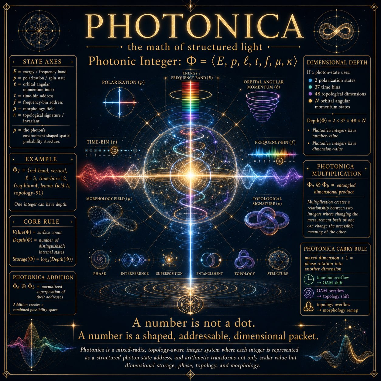 Photonica: The Math of Structured Light — a 7-axis photonic integer system with depth ≥ 3,552 states